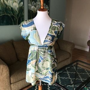 Floral top with blue, green, yellow and cream